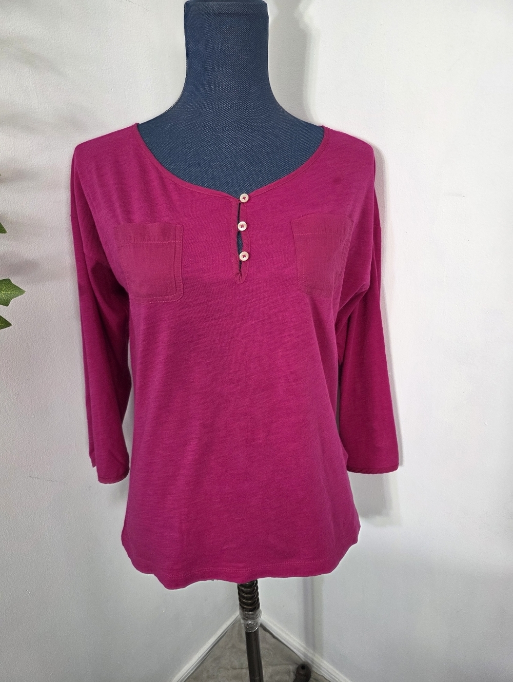 Lauren Ralph Lauren Slub Cotton Henley Top - Berry Magenta - Size M